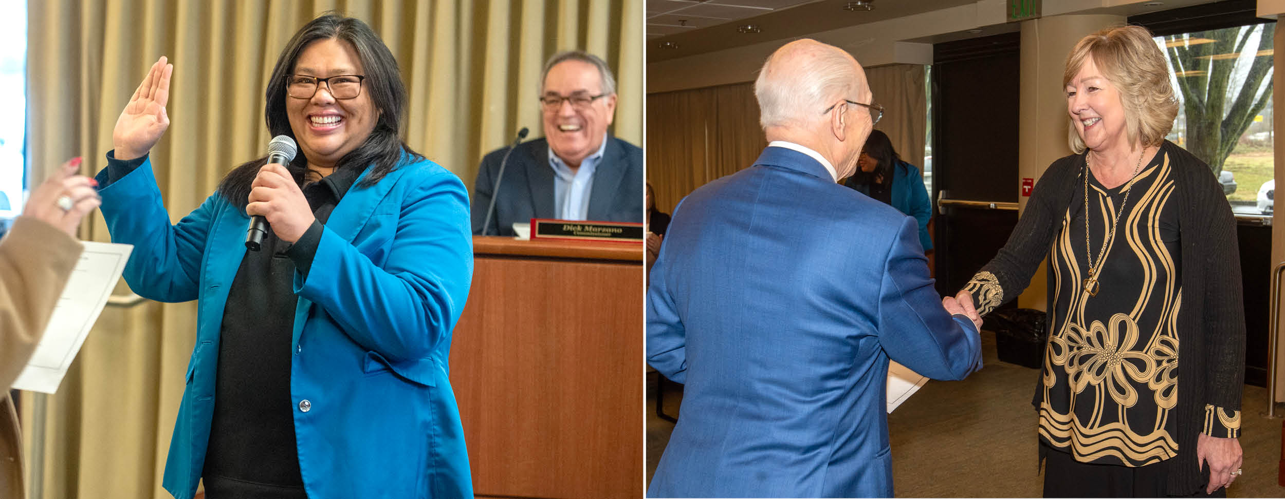 Commissioners Kristin Ang and Deanna Keller as sworn in for their second terms on the Port of Tacoma commission 